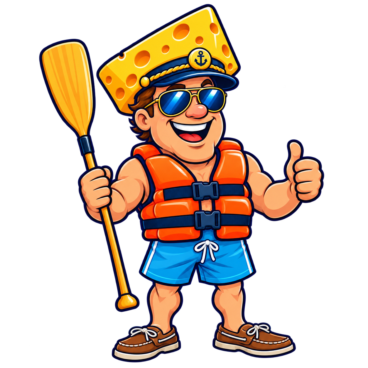 Captain Cheesehead, a cartoon boat captain in a foam cheese-wedge hat and a buckled orange life jacket