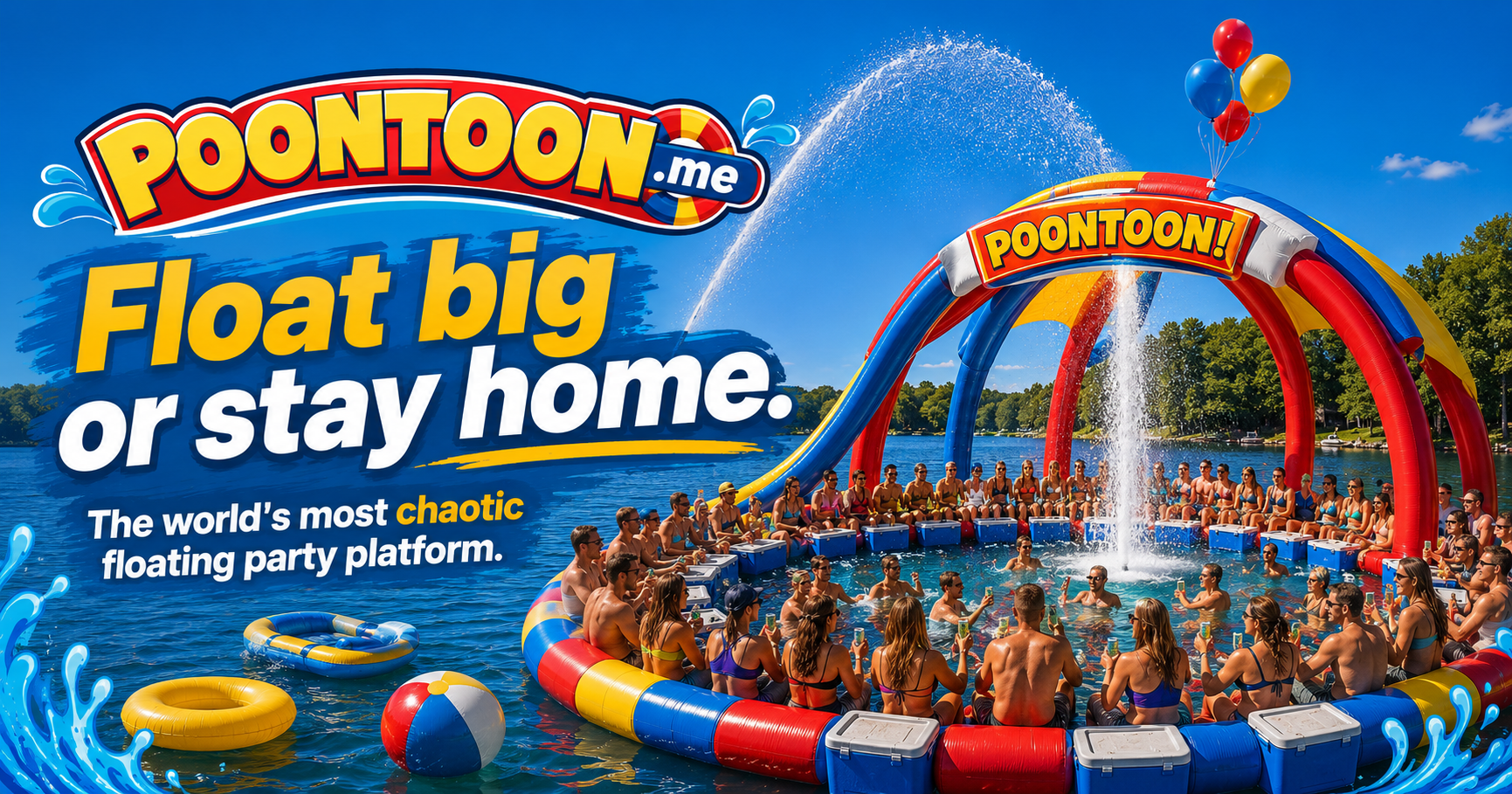 Poontoon.me billboard reading Float big or stay home, the world's most chaotic floating party platform, over a crowded inflatable party ring on a lake