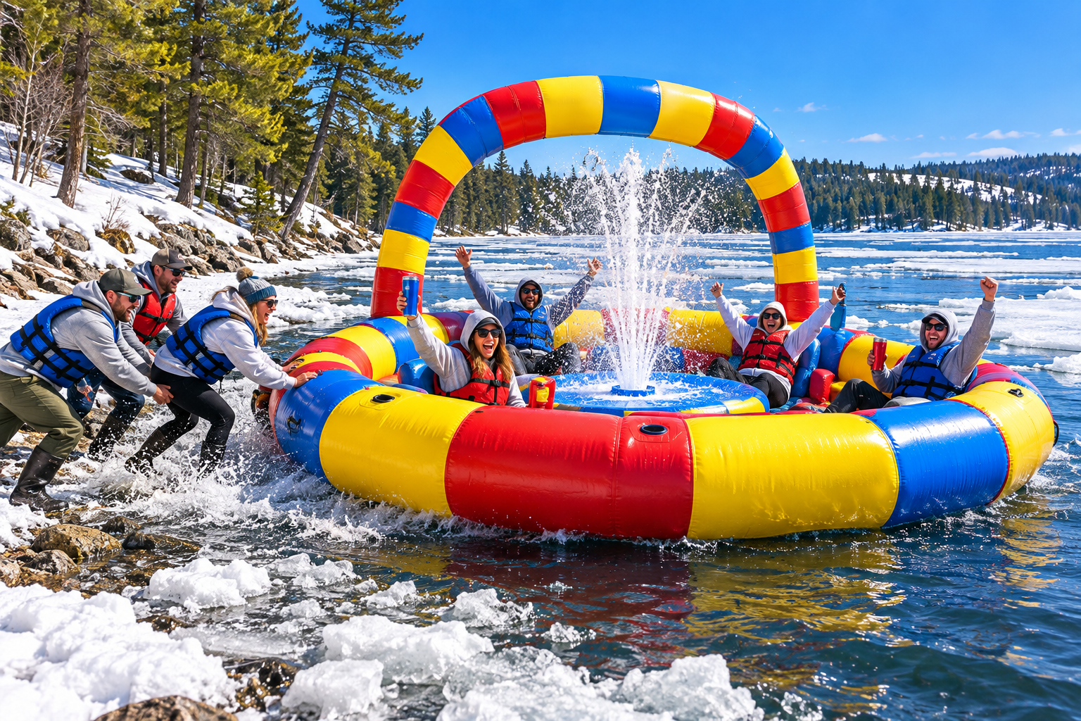 The Poontoon launching on ice-out day: slushy ice floes at the shore, snow under the pines, and brave people in sweatshirts and life jackets cheering